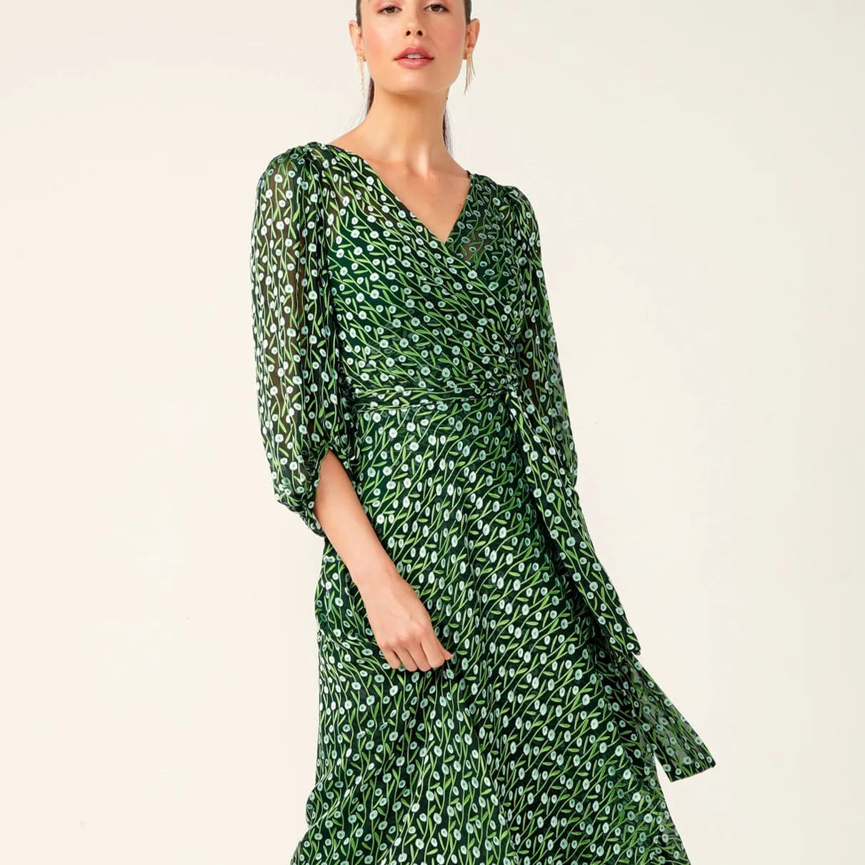 Wonderland Midi Wrap Dress - Emerald Poppy