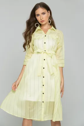 Yellow Cotton Striped Button-Down Belt Strap Shirt Dress