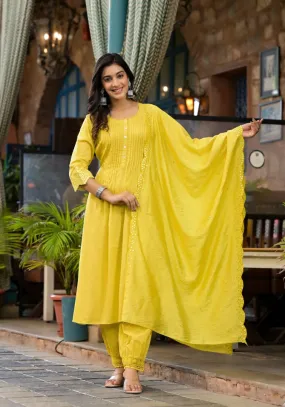 Yellow Mirror Embroidered Liva Rayon Kurta Pant And Dupatta Set With Lace & Button Detail
